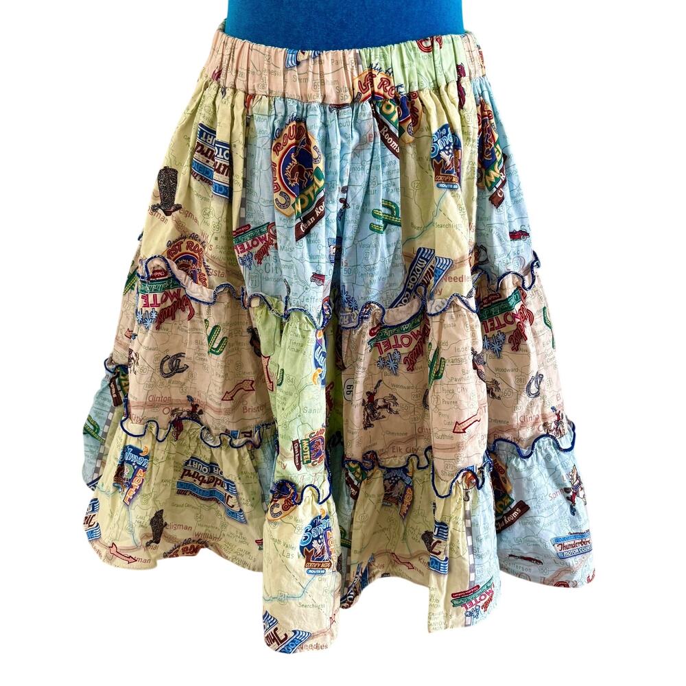 Vintage Western Rockabilly Ruffled Skirt Rt. 66 Print Cottage Boho Full Swing